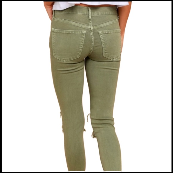 FREE PEOPLE HIGH-WAISTED OLIVE GREEN DISTRESSED SKINNY JEANS - Picture 3 of 12